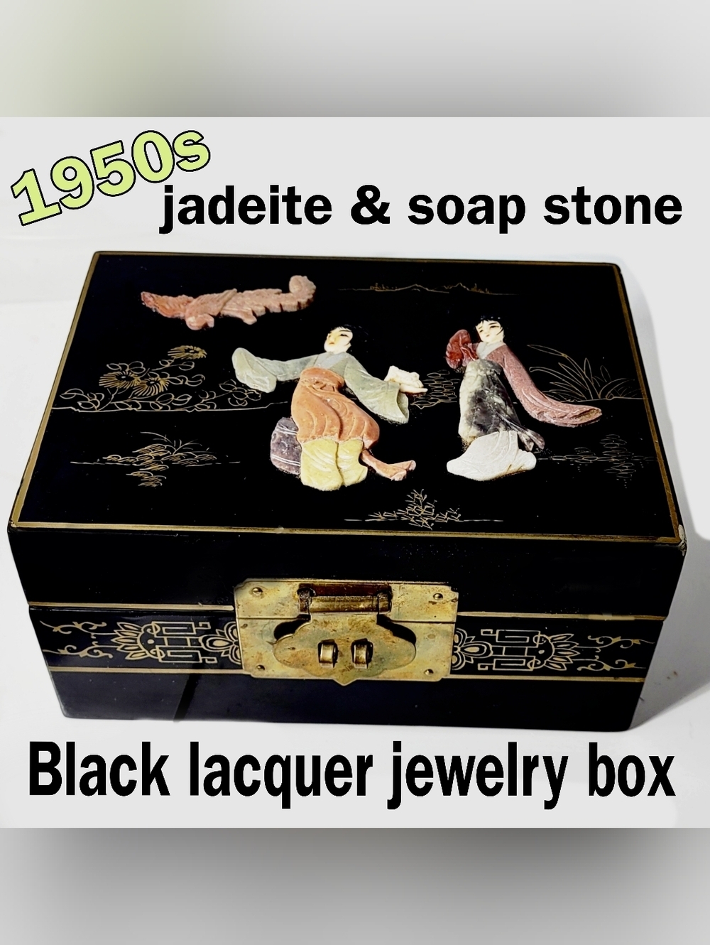 Vintage Black Lacquer Jadeite & Inlay Jewelry Box W/ Brass & Silk